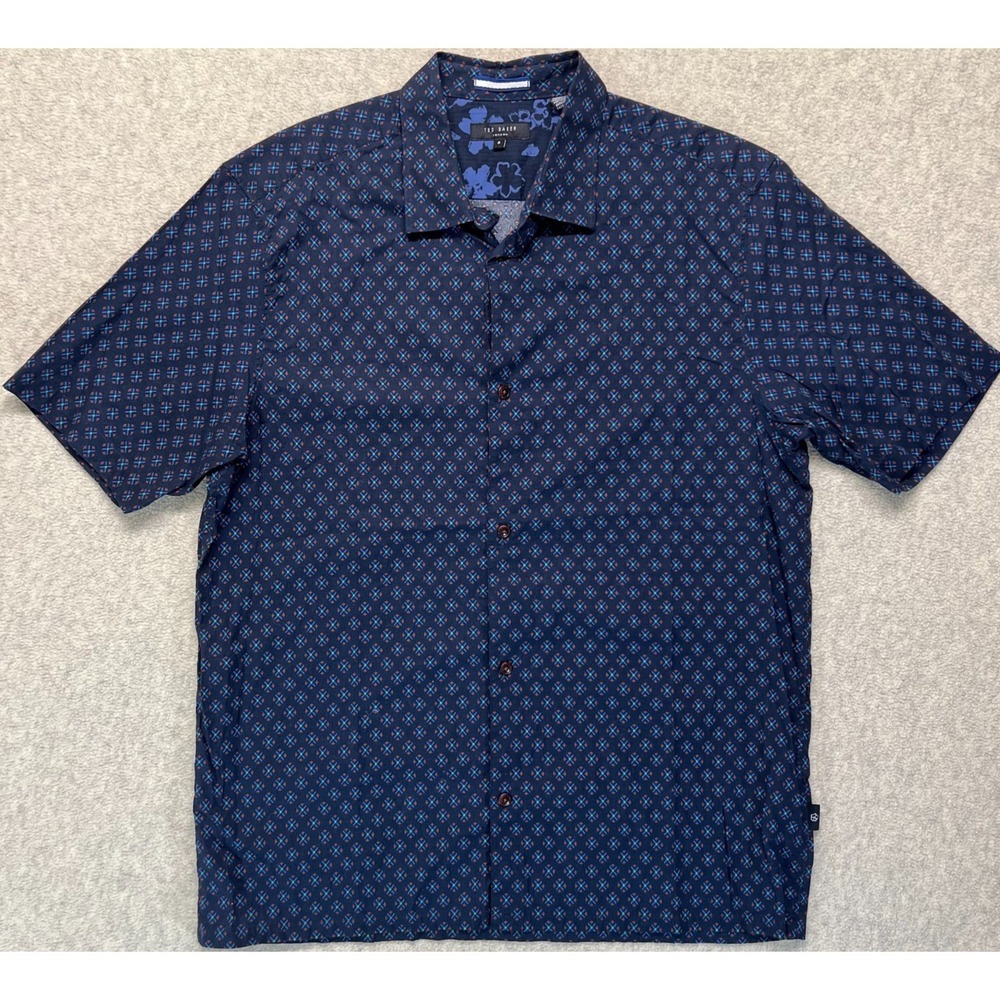Ted Baker London Mens Button-Up Geometric Print Shirt Navy Blue Short Sleeve XXL